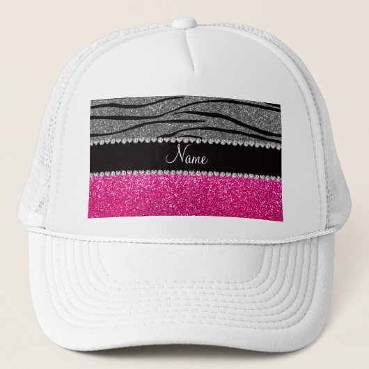 Aangepaste naam roze glitter light grijze zebrastr trucker pet (Voorkant)