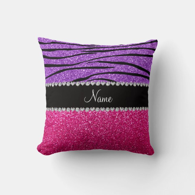 Aangepaste naam roze glitter pastel paarse zebra kussen (Voorkant)