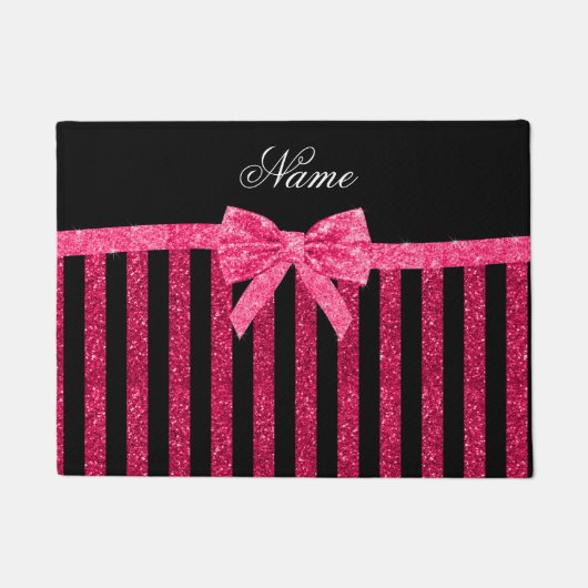 Aangepaste naam roze glitter strepen glitter bow deurmat (Voorkant)