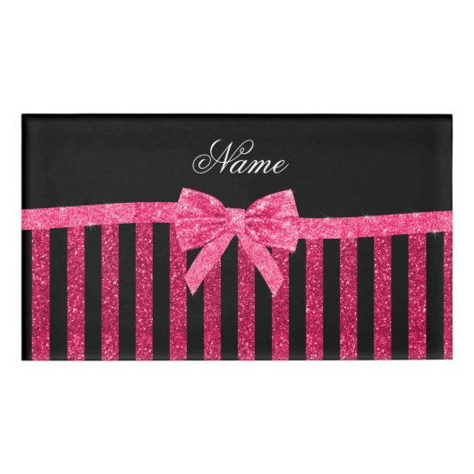 Aangepaste naam roze glitter strepen glitter bow naambadge (Voorkant)