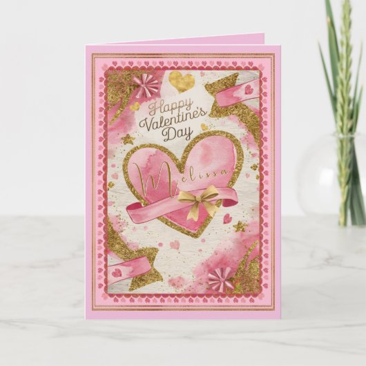 Aangepaste naam Roze gouden harten Valentijnsdag Kaart (Voorkant)