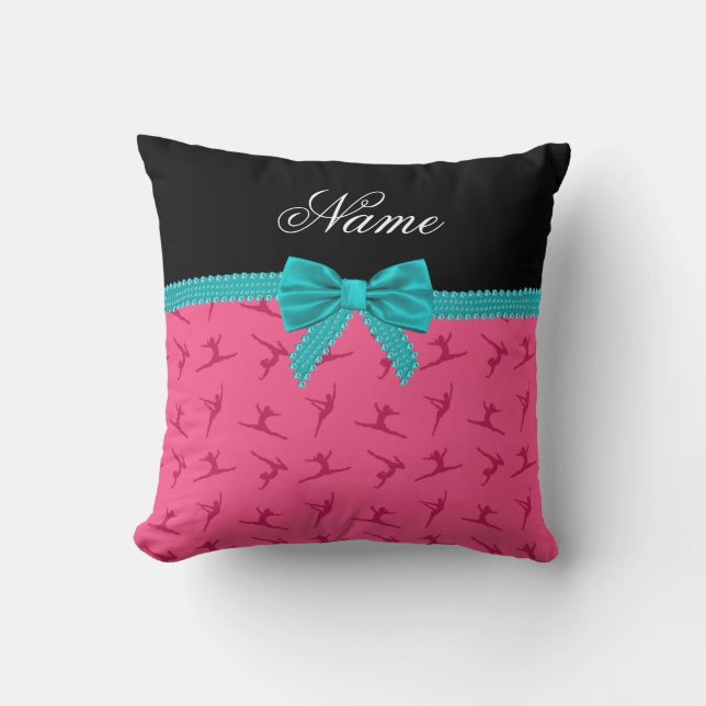 Aangepaste naam roze gymnastiek turquoise bow kussen (Voorkant)