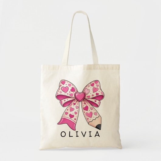 Aangepaste naam Roze Hart Potlood Boog Leraar Cade Tote Bag (Voorkant)