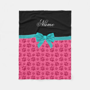 Aangepaste naam roze hond poten turquoise bow fleece deken