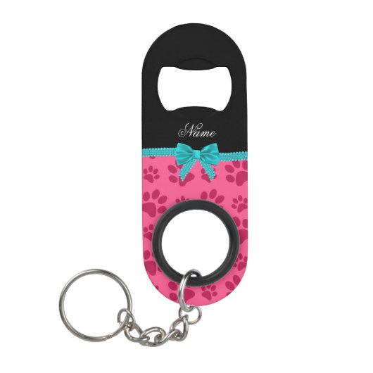 Aangepaste naam roze hond poten turquoise bow sleutelhanger flessenopener (Voorkant)