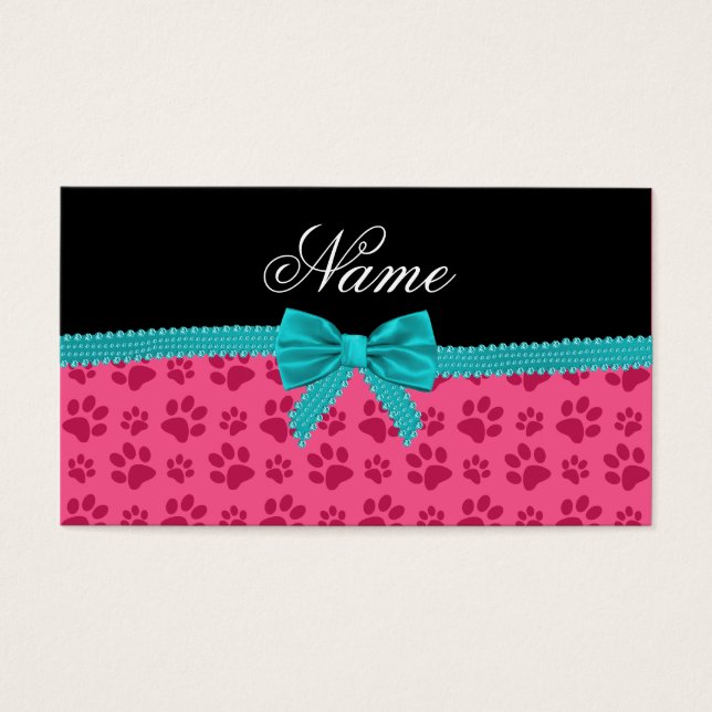 Aangepaste naam roze hond poten turquoise bow visitekaartjes (Voorkant)