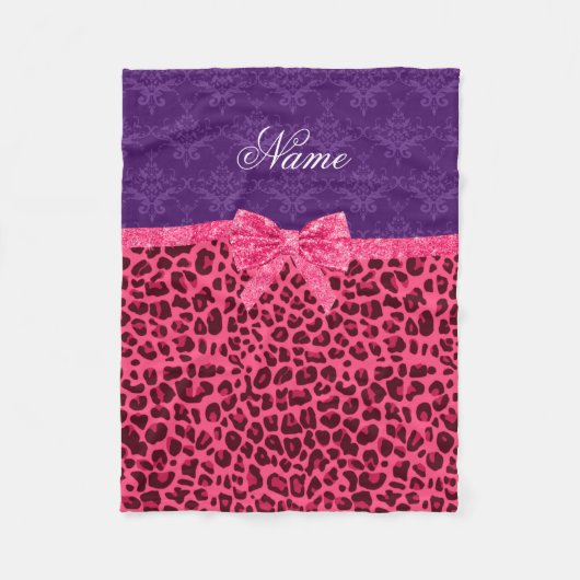 Aangepaste naam roze leopard paars damask bow fleece deken (Voorkant)