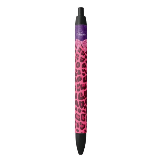 Aangepaste naam roze leopard paars damask bow zwarte inkt pen (Voorkant Verticaal)