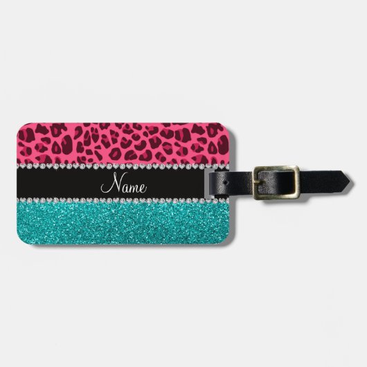 Aangepaste naam roze leopard turquoise glitter bagagelabel (Voorkant horizontaal)