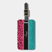 Aangepaste naam roze leopard turquoise glitter bagagelabel (Voorkant verticaal)