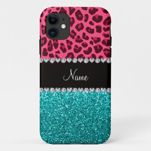 Aangepaste naam roze leopard turquoise glitter Case-Mate iPhone case (Achterkant)