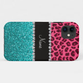 Aangepaste naam roze leopard turquoise glitter Case-Mate iPhone case (Achterkant (horizontaal))