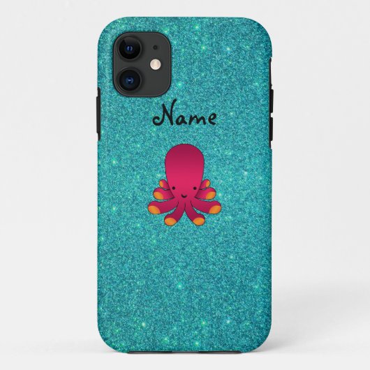 Aangepaste naam roze octopus turquoise glitter Case-Mate iPhone case (Achterkant)