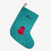 Aangepaste naam roze octopus turquoise glitter kleine kerstsok (Voorkant (Hangend))