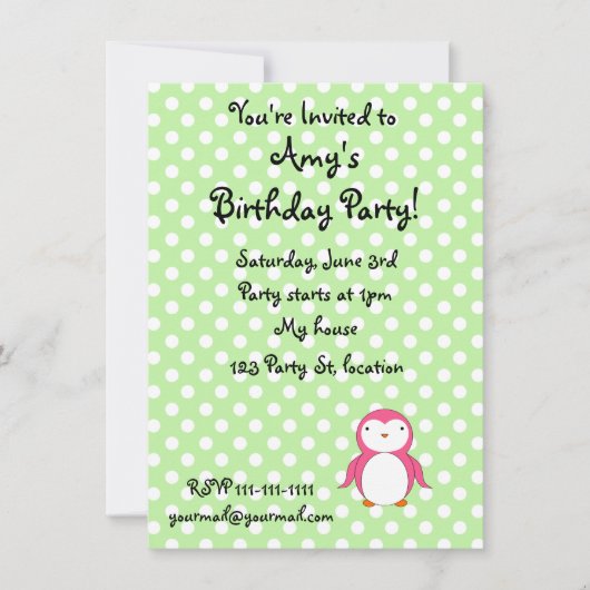 Aangepaste naam roze pinguïn groene polka stippen kaart (Voorkant)