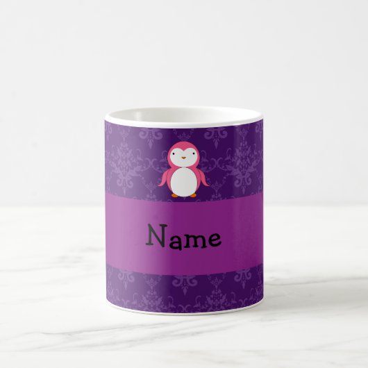 Aangepaste naam roze pinguïn paars damask koffiemok (Center)