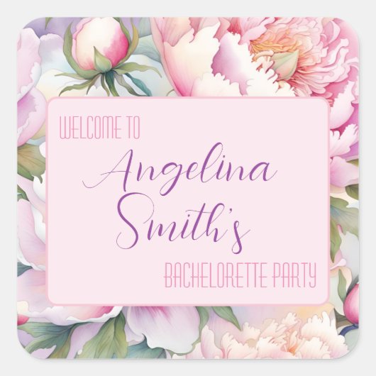 Aangepaste naam Roze Pioen Bruidsfeestje Vierkante Sticker (Voorkant)