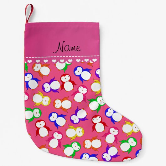 Aangepaste naam roze regenboogpinguïns kleine kerstsok (Voorkant)