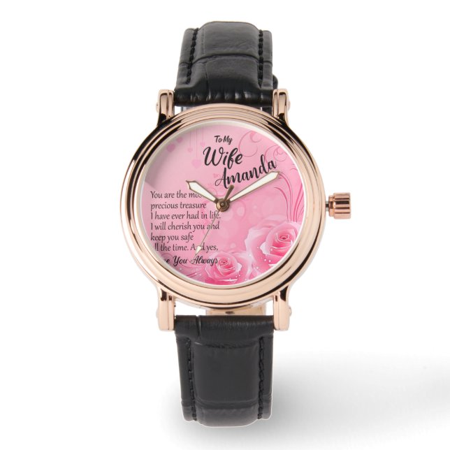 Aangepaste naam Roze Roos Bericht voor Vrouw Horloge (Voorkant)