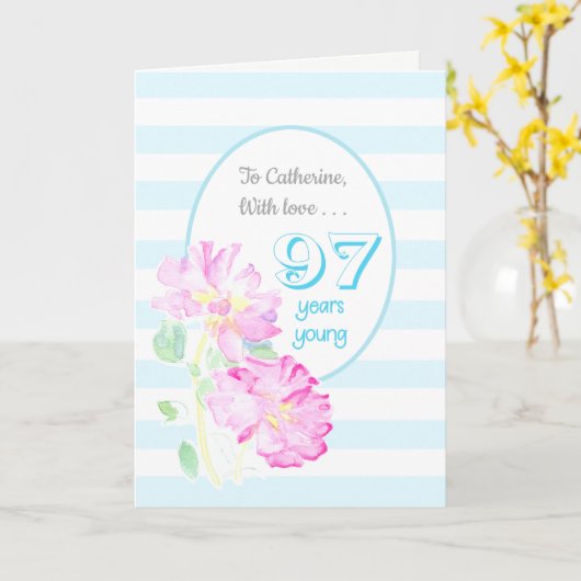 Aangepaste Naam Roze Rozen en Strepen 97ste Verjaa Kaart (Gele Bloem)