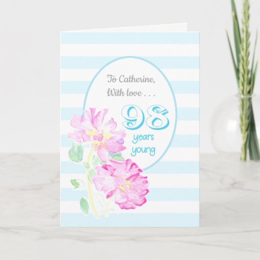 Aangepaste Naam Roze Rozen en Strepen 98ste Verjaa Kaart (Voorkant)