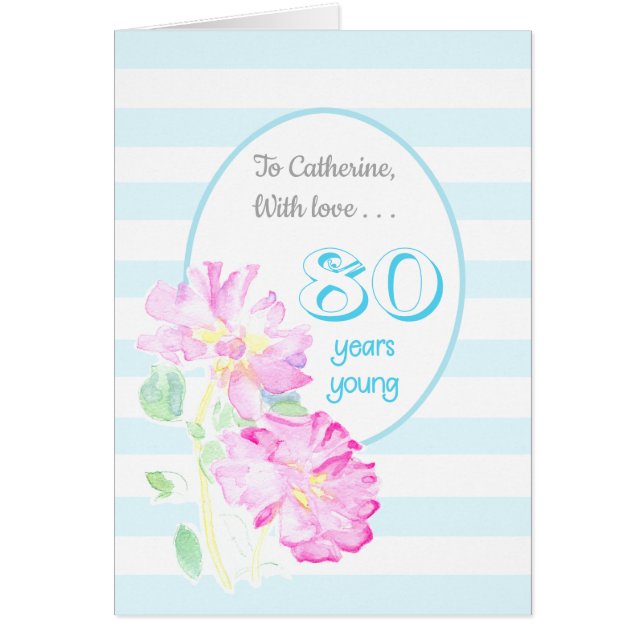 Aangepaste naam Roze rozen en Stripes 80e verjaard (Voorkant)