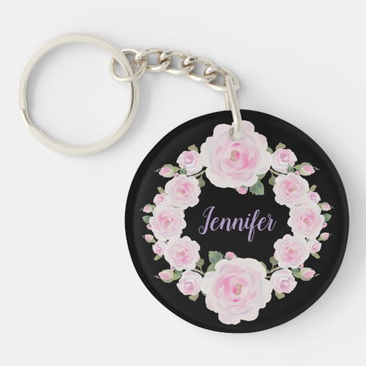 Aangepaste naam, roze rozenkrans acrylen sleutelha sleutelhanger (Voorkant)