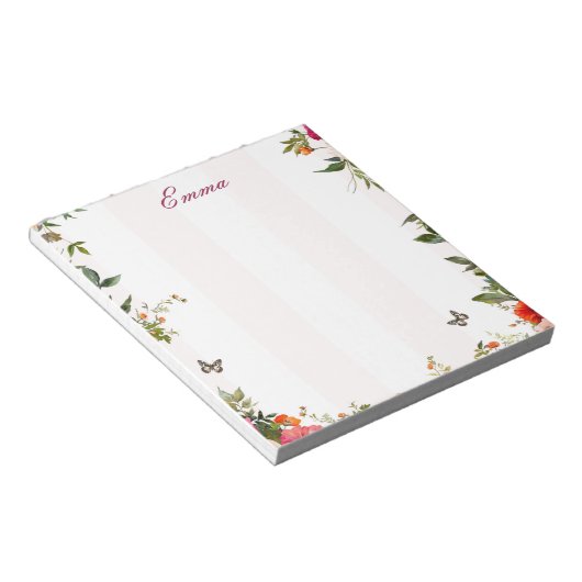 Aangepaste Naam Roze streep en Rode Bloemen Notitieblok (Schuin)