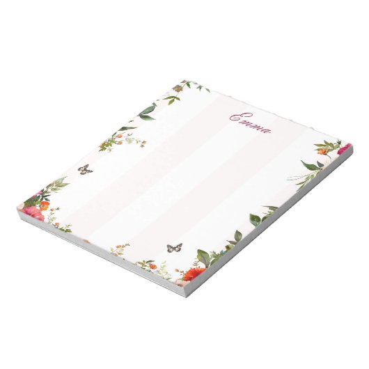 Aangepaste Naam Roze streep en Rode Bloemen Notitieblok (Linkerzijde)