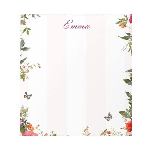 Aangepaste Naam Roze streep en Rode Bloemen Notitieblok (Voorkant)