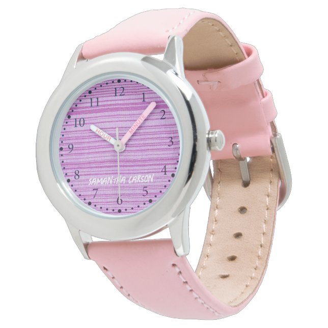 Aangepaste naam roze strepen textiel horloge (Gekanteld)