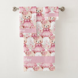 Aangepaste Naam Roze Teddy Bear Meisje Badhanddoek Bad Handdoek