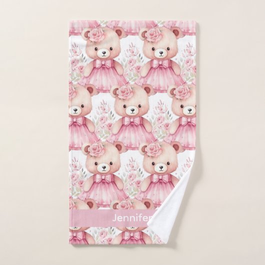 Aangepaste Naam Roze Teddy Bear Meisje Badhanddoek Bad Handdoek (Handdoek)