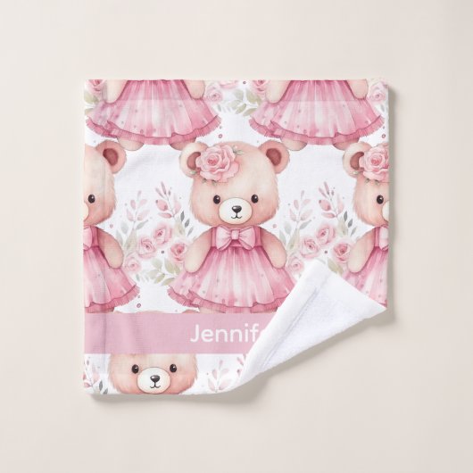 Aangepaste Naam Roze Teddy Bear Meisje Badhanddoek Bad Handdoek (Wasdoekje)