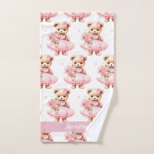 Aangepaste Naam Roze Teddy Bear Meisje Badhanddoek Bad Handdoek (Handdoek)