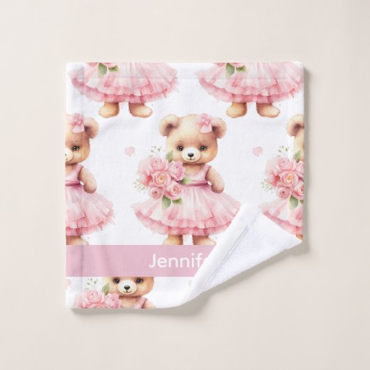 Aangepaste Naam Roze Teddy Bear Meisje Badhanddoek Bad Handdoek (Wasdoekje)