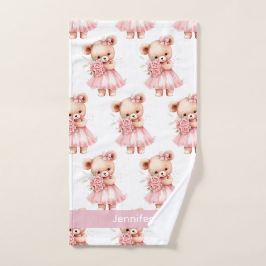 Aangepaste Naam Roze Teddy Bear Meisje Badhanddoek Bad Handdoek (Handdoek)