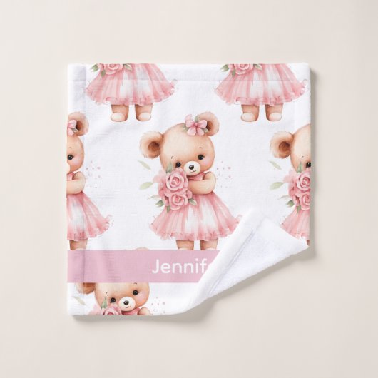 Aangepaste Naam Roze Teddy Bear Meisje Badhanddoek Bad Handdoek (Wasdoekje)
