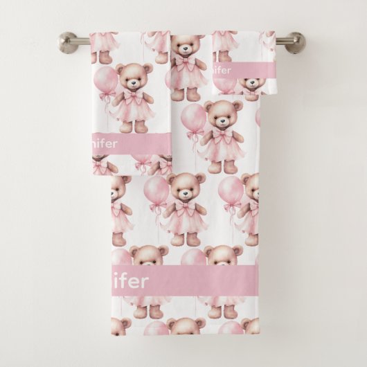 Aangepaste Naam Roze Teddy Bear Meisje Badhanddoek Bad Handdoek (Insitu)