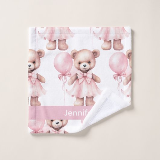 Aangepaste Naam Roze Teddy Bear Meisje Badhanddoek Bad Handdoek (Wasdoekje)