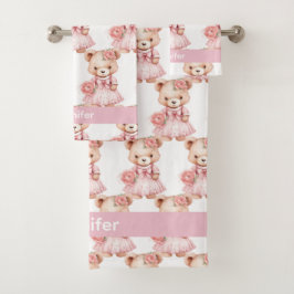 Aangepaste Naam Roze Teddy Bear Meisje Badhanddoek Bad Handdoek
