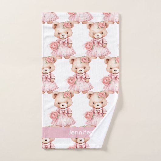 Aangepaste Naam Roze Teddy Bear Meisje Badhanddoek Bad Handdoek (Handdoek)