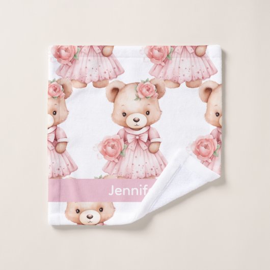 Aangepaste Naam Roze Teddy Bear Meisje Badhanddoek Bad Handdoek (Wasdoekje)