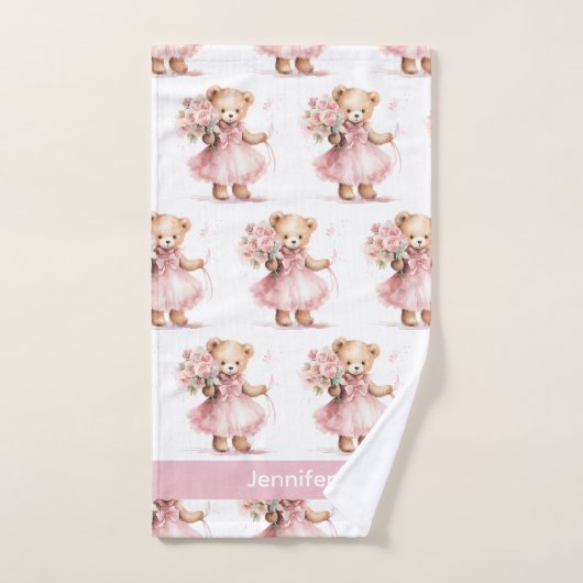 Aangepaste Naam Roze Teddy Bear Meisje Badhanddoek Bad Handdoek (Handdoek)