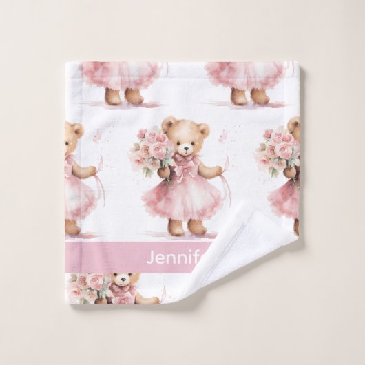 Aangepaste Naam Roze Teddy Bear Meisje Badhanddoek Bad Handdoek (Wasdoekje)