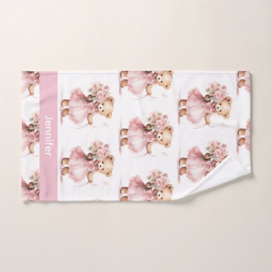 Aangepaste Naam Roze Teddy Bear Meisje Badhanddoek Bad Handdoek (Handdoek)