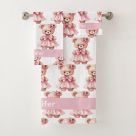 Aangepaste Naam Roze Teddy Bear Meisje Badhanddoek Bad Handdoek