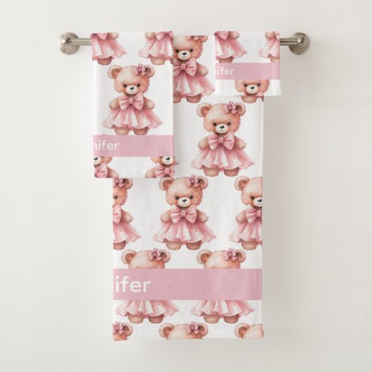 Aangepaste Naam Roze Teddy Bear Meisje Badhanddoek Bad Handdoek (Insitu)