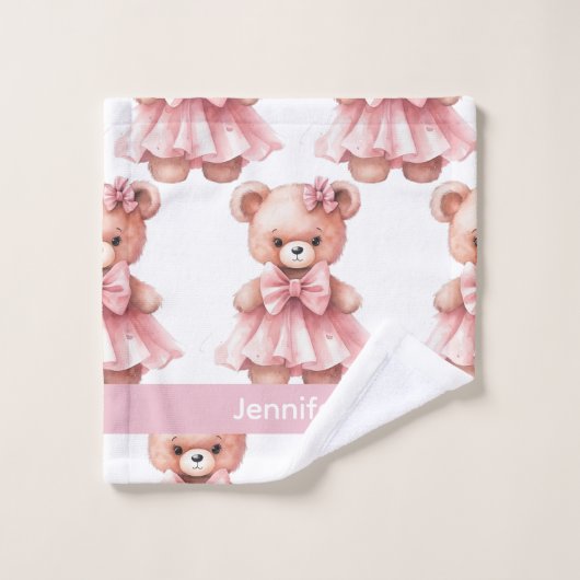 Aangepaste Naam Roze Teddy Bear Meisje Badhanddoek Bad Handdoek (Wasdoekje)