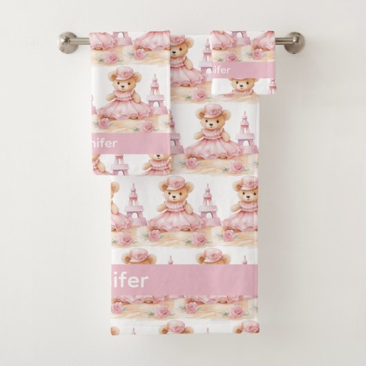 Aangepaste Naam Roze Teddy Bear Meisje Badhanddoek Bad Handdoek (Insitu)